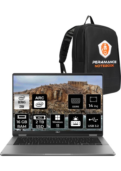 Vivobook 14 Flip Intel Core Ultra 5 226V 16GB 2tb SSD 14" Fhd+ Windows 11 Pro Taşınabilir Bilgisayar & Per4 Çanta TP3407SAQL050WP309