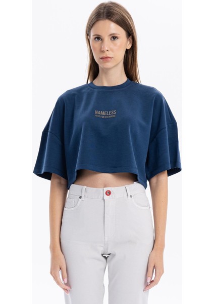 Bisiklet Yaka Ön Flexi Baskılı Kadın Crop
