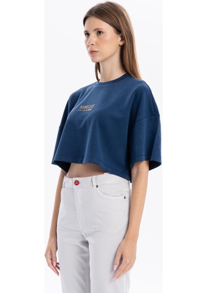 Bisiklet Yaka Ön Flexi Baskılı Kadın Crop