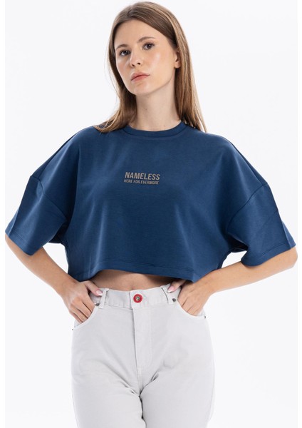 Bisiklet Yaka Ön Flexi Baskılı Kadın Crop