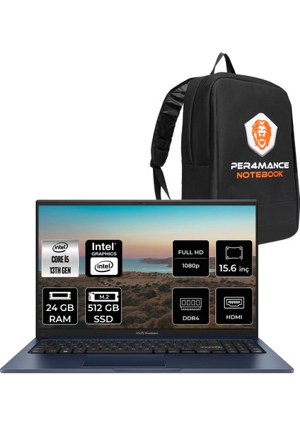 Vivobook 15 Intel Core I5 1334U 24GB 512GB SSD 15.6" Fhd Fdos Taşınabilir Bilgisayar & Per4 Çanta X1504VANJ2404P317
