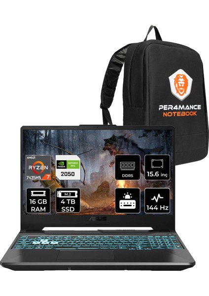 Tuf Gaming A15 Amd Ryzen 7 7435HS 16GB 4tb SSD RTX2050/4GB 70W 15.6" Fhd 144Hz Fdos Taşınabilir Bilgisayar & Per4 Çanta FA506NFRHN032P310