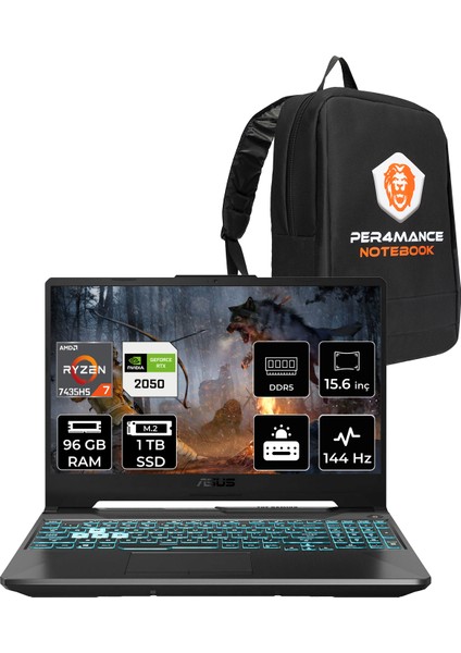 Tuf Gaming A15 Amd Ryzen 7 7435HS 96GB 1tb SSD RTX2050/4GB 70W 15.6" Fhd 144Hz Fdos Taşınabilir Bilgisayar & Per4 Çanta FA506NFRHN032P338