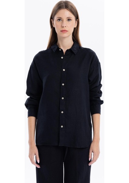 Oversize %100 Keten Uzun Kollu Kadın Gömlek