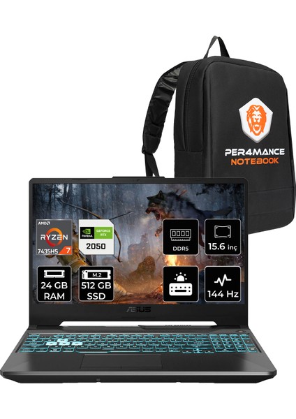 Tuf Gaming A15 Amd Ryzen 7 7435HS 24GB 512GB SSD RTX2050/4GB 70W 15.6" Fhd 144Hz Fdos Taşınabilir Bilgisayar & Per4 Çanta FA506NFRHN032P312