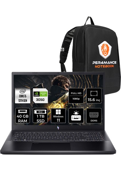 Nitro V 15 Intel Core I5 13420H 40GB 1tb SSD RTX3050/6GB 15.6" Fhd 144Hz Windows 11 Home Taşınabilir Bilgisayar & Per4 Çanta NHQNCEY005P323
