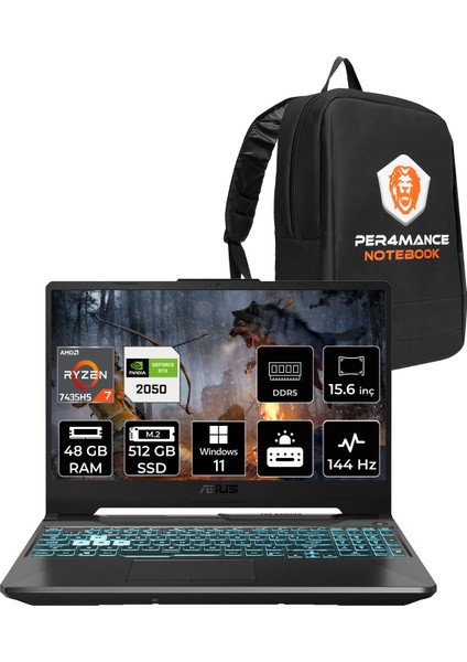 Tuf Gaming A15 Amd Ryzen 7 7435HS 48GB 512GB SSD RTX2050/4GB 70W 15.6" Fhd 144Hz Windows 11 Home Taşınabilir Bilgisayar & Per4 Çanta FA506NFRHN032P367