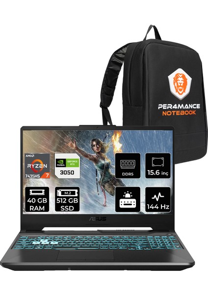 Tuf Gaming A15 Amd Ryzen 7 7435HS 40GB 512GB SSD RTX3050/4GB 75W 15.6" Fhd 144Hz Fdos Taşınabilir Bilgisayar & Per4 Çanta FA506NCRHN034P322