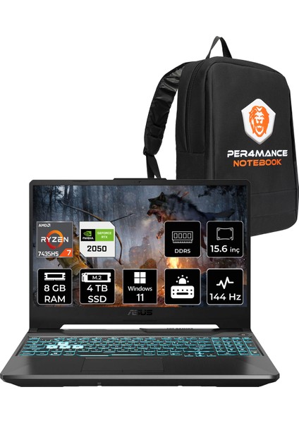 Tuf Gaming A15 Amd Ryzen 7 7435HS 8gb 4tb SSD RTX2050/4GB 70W 15.6" Fhd 144Hz Windows 11 Home Taşınabilir Bilgisayar & Per4 Çanta FA506NFRHN032P345