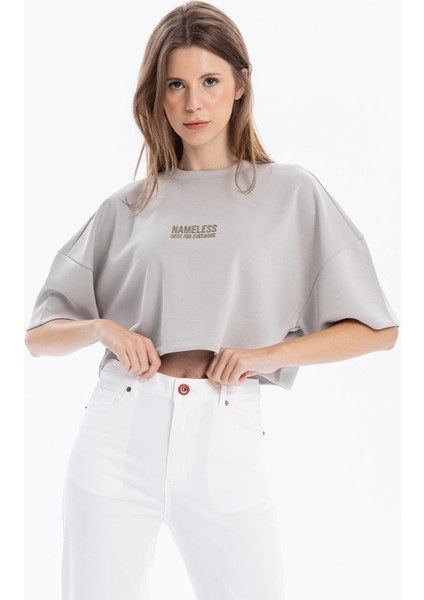 Bisiklet Yaka Ön Flexi Baskılı Kadın Crop