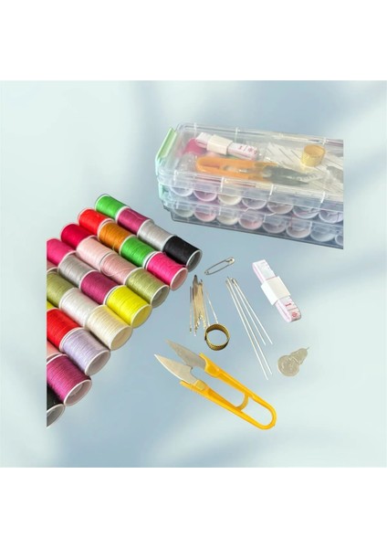 Iki Katlı Kutulu Dikiş Seti, Organizerli Set, Iğne Seti, Makas, Yüksük, Mezura (56 Parça)