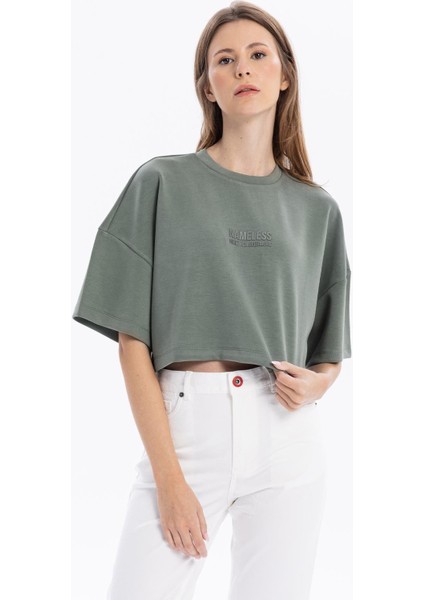 Bisiklet Yaka Ön Flexi Baskılı Kadın Crop