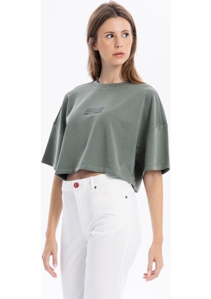 Bisiklet Yaka Ön Flexi Baskılı Kadın Crop