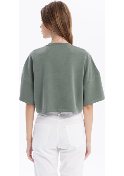 Bisiklet Yaka Ön Flexi Baskılı Kadın Crop
