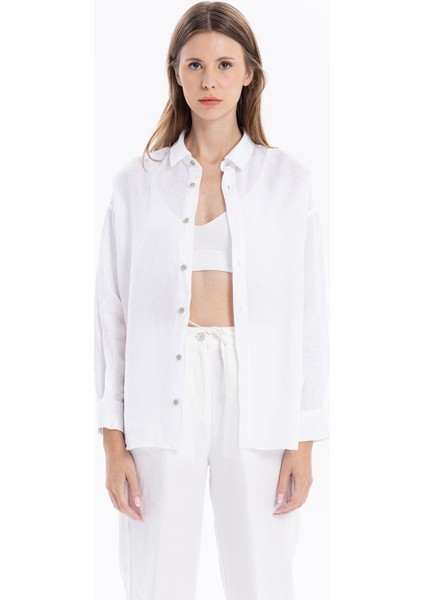 Oversize %100 Keten Uzun Kollu Kadın Gömlek