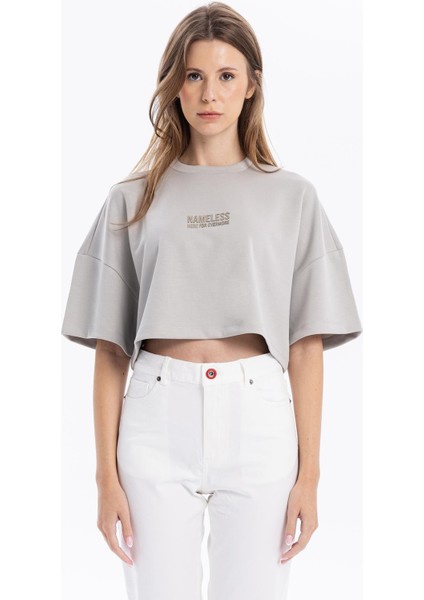 Bisiklet Yaka Ön Flexi Baskılı Kadın Crop