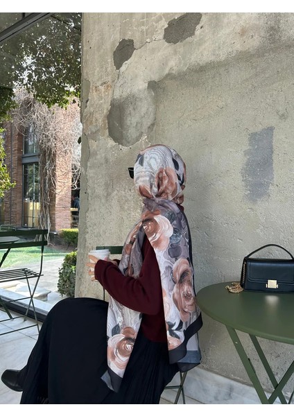 Pamuklu Rose Desen Şal- Siyah/vizon