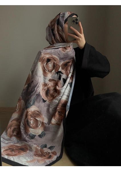 Pamuklu Rose Desen Şal- Siyah/vizon