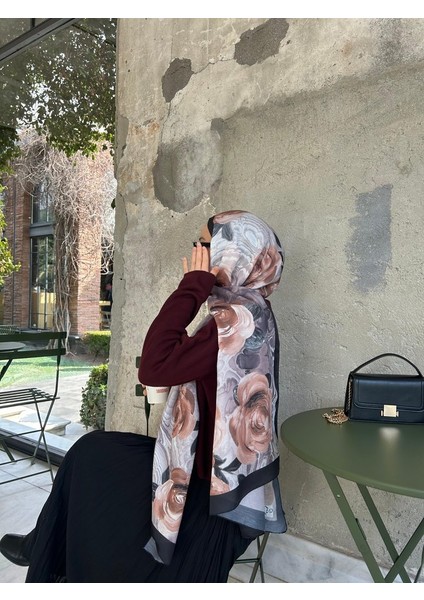 Pamuklu Rose Desen Şal- Siyah/vizon