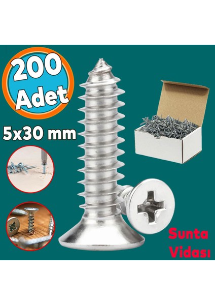 Sunta Vidası Sivri Uçlu Ahşap Tahta Ağaç Mobilya Ayak Kulp Vidası 5X30 mm Paket 200 Adet