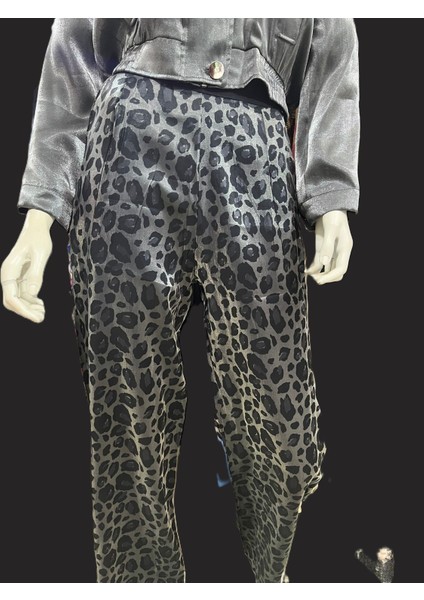 Gri Saten Leopar Pantolon