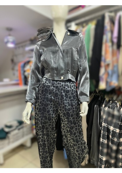 Gri Saten Leopar Pantolon