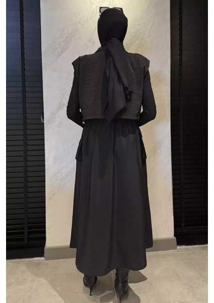 Çıtçıtlı Kargo Cepli Paraşüt Kumaş Elbise Yelek Tesettür Ikili Takım P-00010204 fırsatları