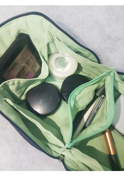 Makyaj Çantası Çokbölmeli Seyshat Tipi Kot- Yeşil