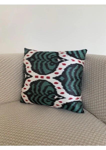 45 x 45 cm Ikat Yastık, Ipek Kadife Kırlent Kılıf, Yeşil Renk Ikat Yastık Kılıfı, El Dokuma Kırlent Kılıf