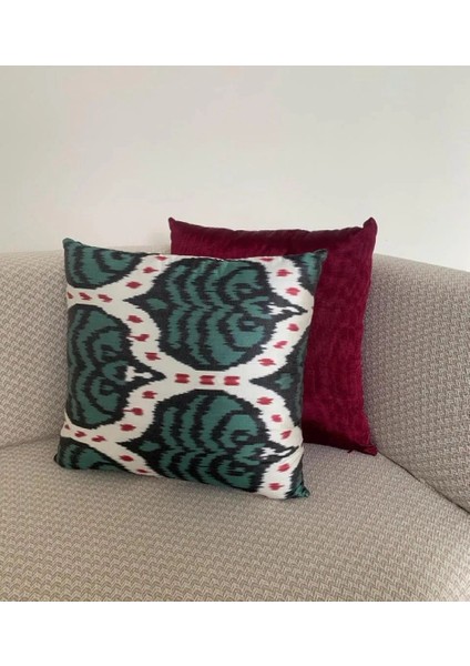45 x 45 cm Ikat Yastık, Ipek Kadife Kırlent Kılıf, Yeşil Renk Ikat Yastık Kılıfı, El Dokuma Kırlent Kılıf indirimleri