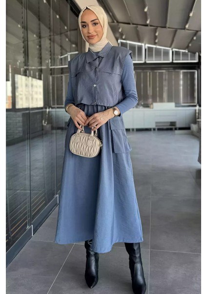 Çıtçıtlı Kargo Cepli Paraşüt Kumaş Elbise Yelek Tesettür Ikili Takım P-00010204