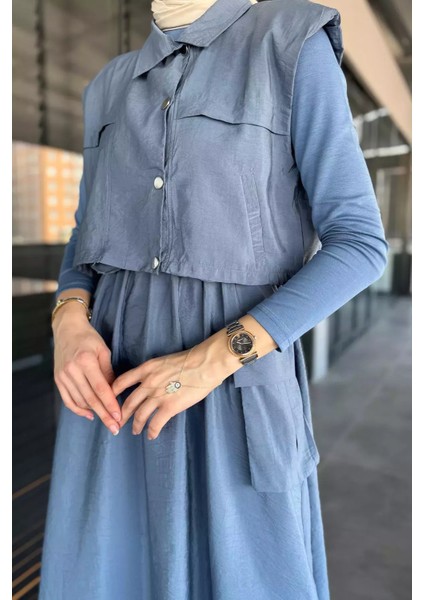 Çıtçıtlı Kargo Cepli Paraşüt Kumaş Elbise Yelek Tesettür Ikili Takım P-00010204 modelleri