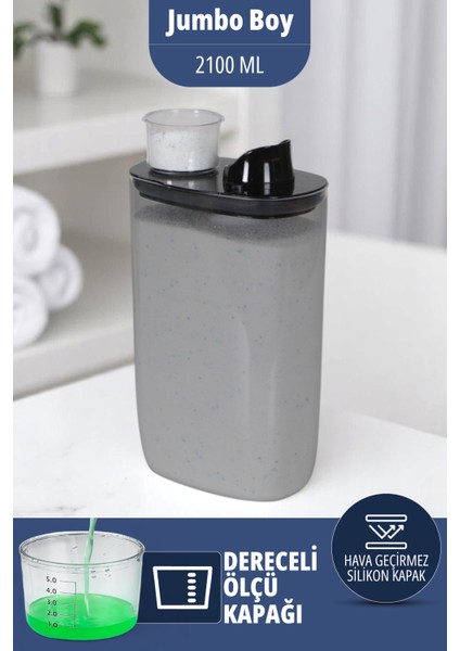 Silikon Kapaklı Ölçekli Toz Sıvı Tablet Deterjan Saklama Kabı Kutusu 2100 ml