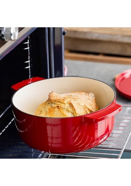 Cast Iron 30 Cm/5,6 L Oval Kapaklı Tencere, Kaliteli, Sağlam ve Uzun Ömürlü, Kızartma, Kızartma, Pas Içermeyen Emaye, Indüksiyon, Ergonomik Sap, 260°C'YE Kadar Fırına Dayanıklı, Kırmızı