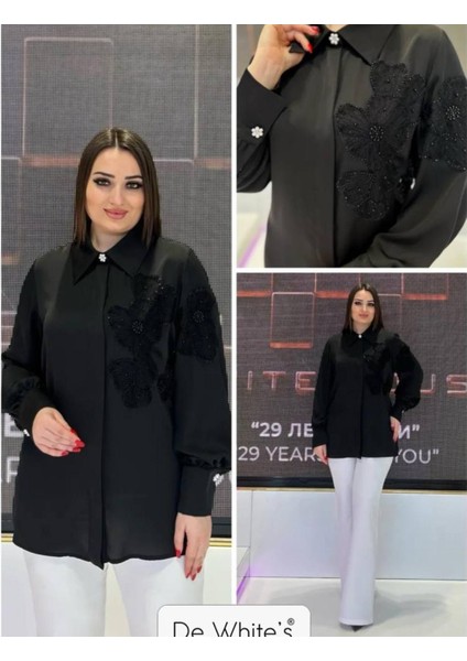Büyük Beden Saten Önü Aplike Çiçek Işlemeli Gömlek