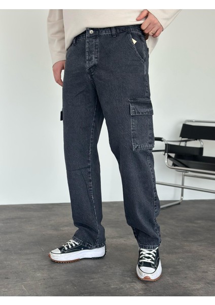 Erkek Baggy Fit Kargo Cepli Jean Kot Pantolon Siyah