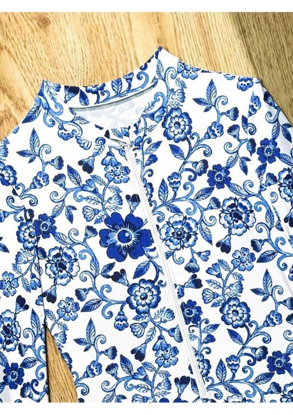 Kadın Yüzücü Tulum Mayosu Fermuarlı Uzun Kollu Mavi Çiçek Deseniyle Rahat Kullanım modelleri