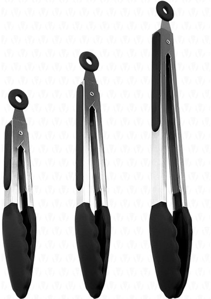 Midori Metal Saplı Silikon Uçlu Kilit Sistemli Smart 3lü Maşa Seti Siyah