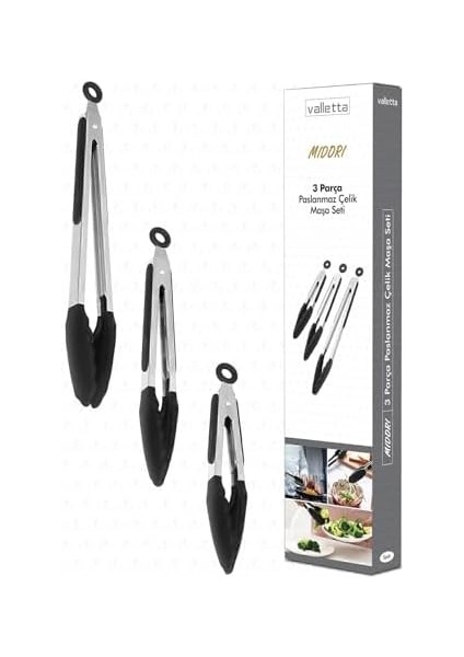 Midori Metal Saplı Silikon Uçlu Kilit Sistemli Smart 3lü Maşa Seti Siyah