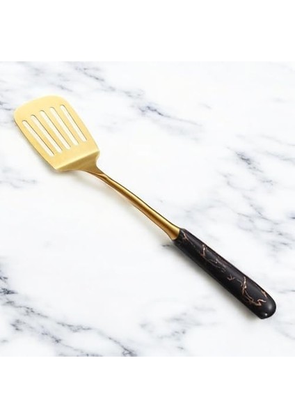 Mermer Desenli Saplı Paslanmaz Çelik Spatula, 304 Kalite 18/10, Altın Rengi, Servis Sunum Spatulası