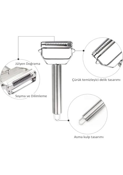 16563-11 Paslanmaz Çelik Inox Meyve Sebze Soyacak Çok Amaçlı Jülyen Dilimleyici - Gözenek Çıkarıcı