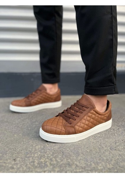 JY166 Prestige Bağcıklı Cilt Kapitone Desenli Erkek Günlük Sneaker Ayakkabı Cbt - Taba