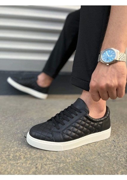 JY166 Prestige Bağcıklı Cilt Kapitone Desenli Erkek Günlük Sneaker Ayakkabı Cbt - Siyah