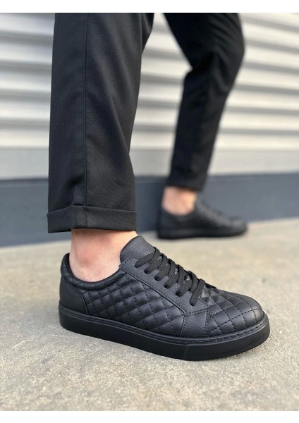 JY166 Prestige Bağcıklı Cilt Kapitone Desenli Erkek Günlük Sneaker Ayakkabı Cst - Siyah