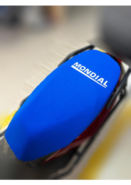Mondial 50 Wing Mavi Kumaş Motosiklet Sele Kılıfı Logolu Penye Sele Koltuk Kılıfı-S