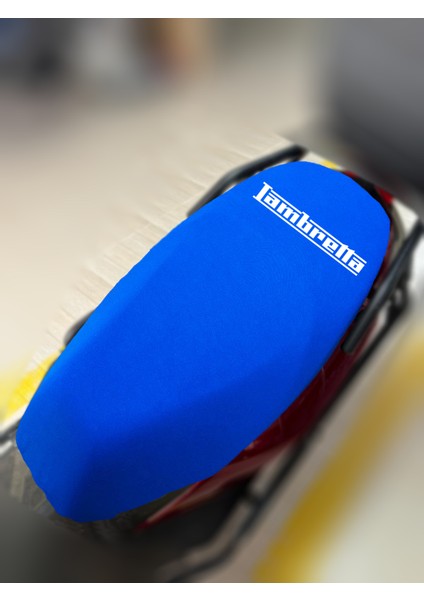 Lambretta V50 Special Mavi Kumaş Motosiklet Sele Kılıfı Logolu Penye Sele Koltuk Kılıfı-S