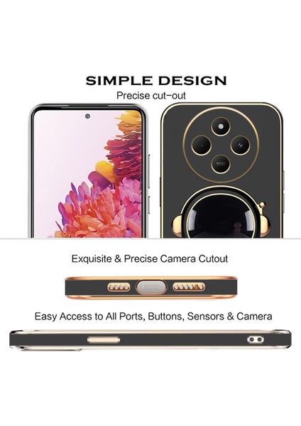 Xiaomi Redmi 14C Kılıf Astronot Standlı Sevimli Parlak Gold Detaylı Altın Işleme Kenarlı Tam Koruma