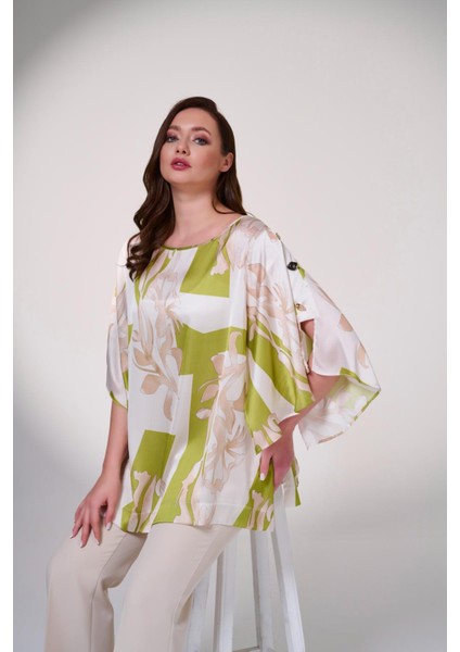 Büyük Beden Şifon Asimetrik Empirme Baskılı Bluz fiyatları