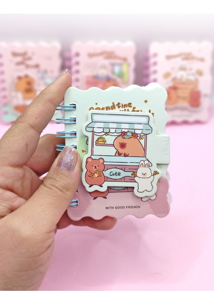 Capybara Tavşan Ayı Cırtlı Cep Boy Mini Not Defteri (7x8 Cm) -Mavi