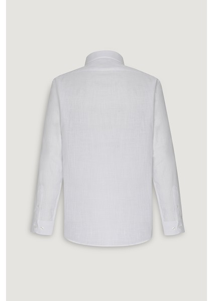 Erkek Beyaz Comfort Fit Rahat Kesim Gizli Düğme Yaka %100 Pamuk Flamlı Gömlek